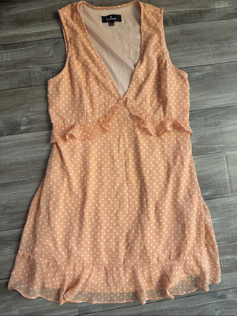 Lulu's Peach Polka Dot Ruffle Wrap Dress